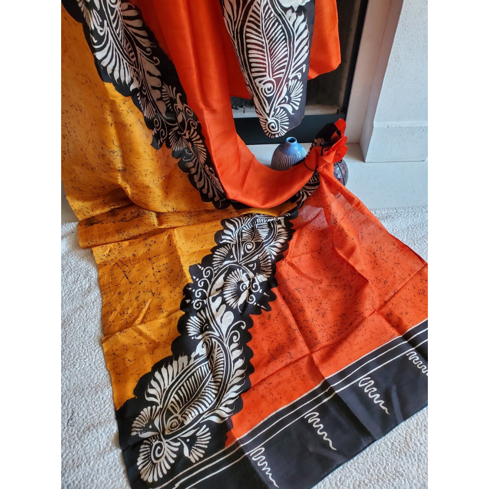 Women Pure Silk Hand Batik Saree Multi Color Designer Mint Condition